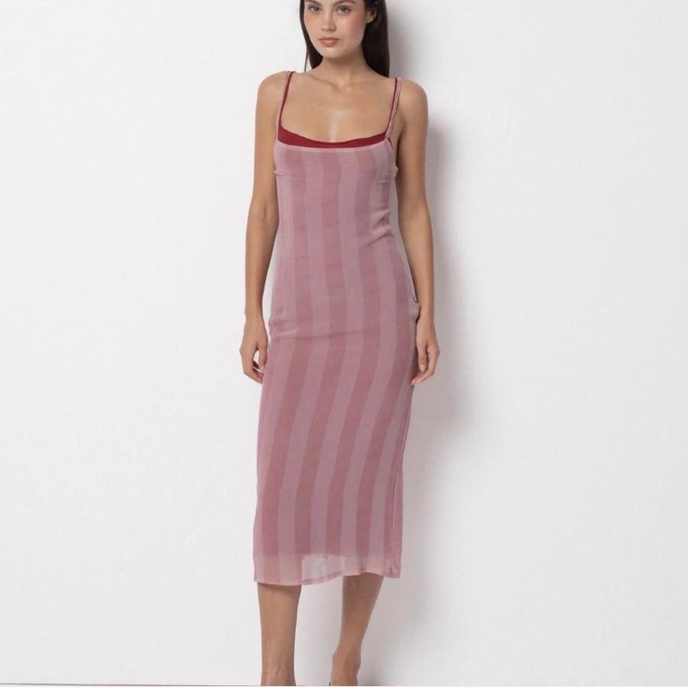 belle the label. Pink Striped Midi Dress, and red knit slip dress (2 dresses)